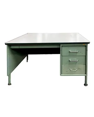 Olive Green Metal Tanker Desk with Three 3 Drawers and White Formica Top