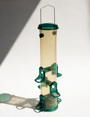Vintage Yellowed Slender Hanging Bird Feeder Green Details
