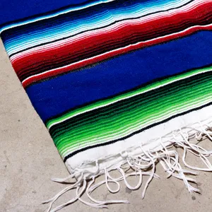 Colorful Mexican Serape Striped Woven Fringe Blanket, Green, Violet, Red, Blue