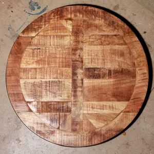 Handcrafted Round Mango Wood Parquet Mosaic Tabletop Farmhouse Surface