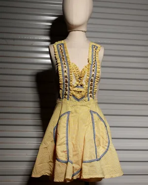 Vintage Yellow Gingham Bavarian Dirndl Folk Apron, Yellow Checkered and Blue