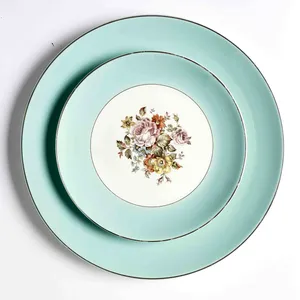 Dining Fine China: Bread and Butter Plate - Sketched Pink, Yellow and Green Flower Pattern in the middle on off White with a wide Tiffany Blue Robins Eggs Blue Band around the outside - 7.25