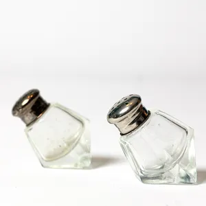 Tiny Clear Glass and Chrome Octagon Shaped Salt and Pepper Shakers