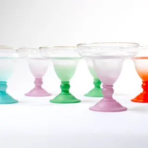Vintage Blendo Small Clear Margarita Glass Frosted colorful stem Gold Rim Blue Orange Purple Green - 4.5