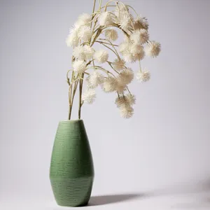 Celadon Ceramic Vase Faux Plastic White Thistle Floral Arrangement