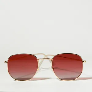 Retro Gold Hexagonal Sunglasses Red Gradient Lenses
