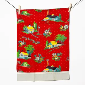 Kitchen Soft Goods: Red fabric with church and flowers printed on it - 17.5