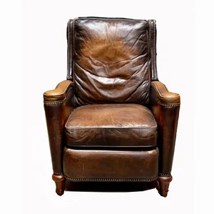 Western Worn Brown Leather Chair Recliner with round brass tacks