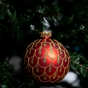 Red and Gold Sphere Christmas Tree Bulb. Gold Glitter looks like Scales