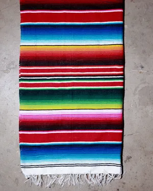 Colorful Handwoven Pink, Orange, and Blue Mexican Serape Striped Fiesta Blanket