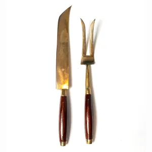 Mid Century MCM Thai Bronze and Teak Silverware Table Side Carving Set