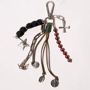 Boho Charm Cluster Keychain Silver Leather Beaded