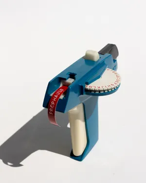 1970s Vintage Blue Dymo Embossing Label Maker Working with Colorful Label Tape