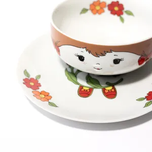 Children's Kids 2 piece dinner place setting Plate and Bowl Girl Red, Green, Orange, Blue - 7.25