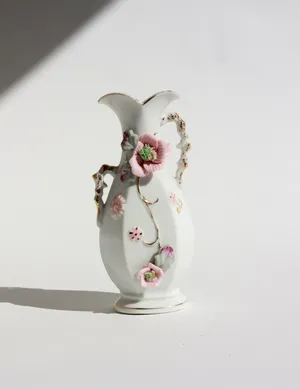 Vintage Porcelain Rose Bud Vase Pink Applied Rose Flower Gold Gilded Accent