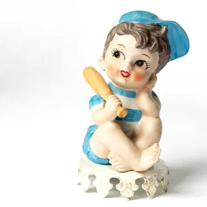 Housewares Lamp: 1950 Little Boy Baseball Player Ceramic night light. Blue Striped Shirt and Baseball Cap with Baseball Bat