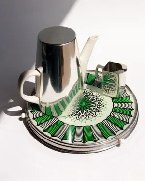 Art Déco TRAY Lazy Suzan Glass Metal Abstract Decor 1920s 30s With White Ceramic Tea Pot with fitted Chrome Warmer, and Chrome Cream Pitcher