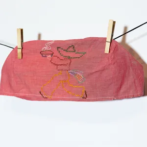 Kitchen Soft Goods: Pink Hand Embroidered Toaster Cover with a Mariachi Carrying a Hot Pie