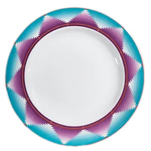 Aqua and Purple Geometric Rim Smooth Ceramic Dinner Plate Aztec, Southwestern