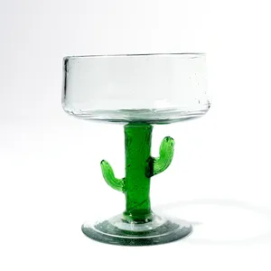 Hand Blown Vintage Margarita Glasses with Green Cactus Stem - 6.5