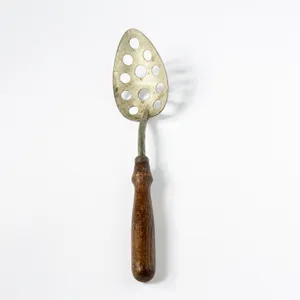 Antique Slotted Spoon metal patina wooden handle - 10.75
