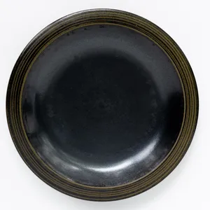 Black Stoneware Salad Plate with Gold Rings 