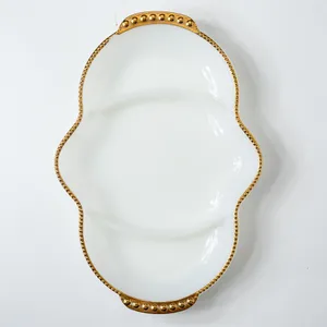 Unique Vintage Milk Glass 3 Compartment Serving Dish With Gold Trim Relish Oyster Hors' Doeuvres Tray - 11