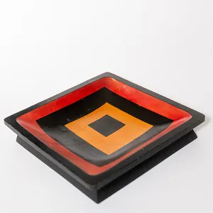 Unique Colombian Geometric Hand Painted Wood Square Bowl - 11.5