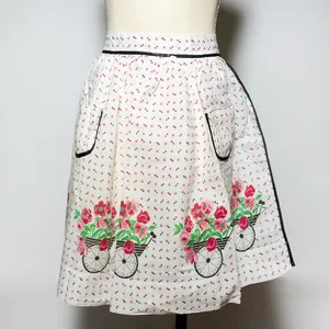 Kitchen Soft Goods: Hand Made Vintage Kitchen Apron small Pink  Flowers in a cart with brown edging - 52