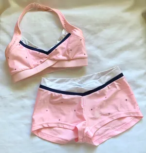 Custom Satin stitches Pink/navy trim small top/Medium shorts