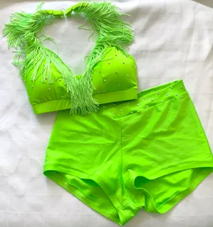 Custom neon green fringe small top/midrise shorts Medium