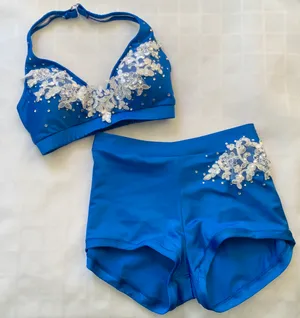 Custom Royal blue/white applique sm top/med midrise shorts