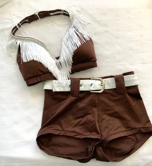 Custom Brown/white fringe top small/white belted shorts midrise Medium