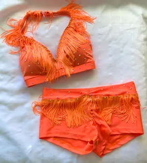Max Bling Neon orange fringe Small top/Med shorts