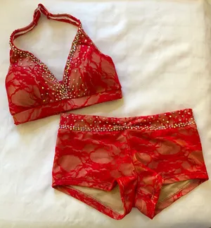 Custom premium fabric red lace Red/tan Small top/sm/med shorts