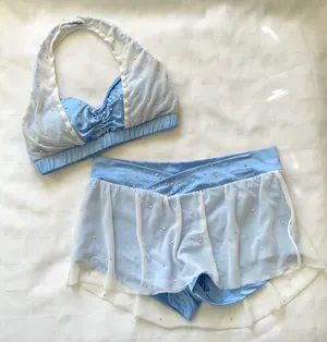Custom Satin blue/white mesh skirt set Small