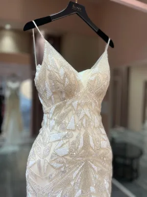 0886 - Old Geometry cut train champagne mermaid dress
