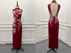 S05AAT 1504 modern cheongsam maroon sliver green lace no train key hole
