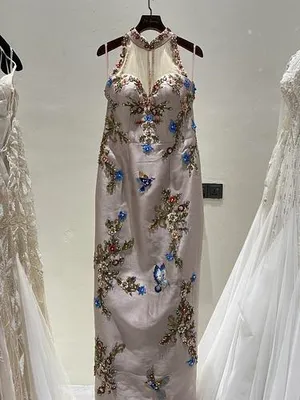 S05AAT 1651 Cream / Purple / Champagne pink Sweetheart indo cheongsam with detachable waist and neck train