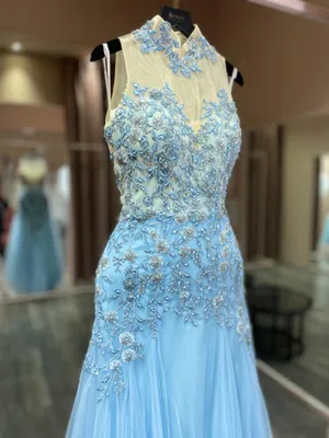 S05AAT 1357 modern cheongsam Ocean blue tulle bottom