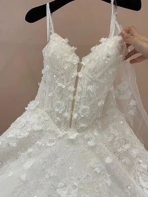 S05AAT 1656 Jenadia A line 3D flower detached puff sheer off shoulder