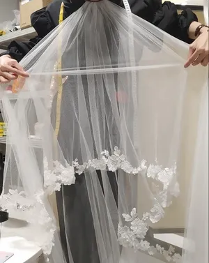 S05AAT 1575 Tracy tan long 2 layer veil french lace edge