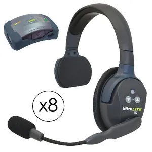 Eartec HUB8S HUB 8 Person Full Duplex Wireless Intercom with 8x UltraLITE Single-Ear Remote Headset, 9x Batteries, 8-Bay Charger and Softside Case