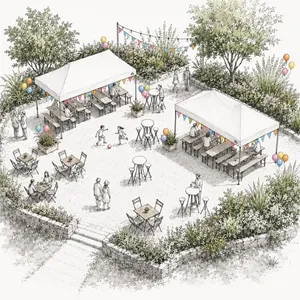 Pack Comfort 20 personnes - Tonnelles 3x345, Tables, Bancs, Mange-Debout, Tabourets, Bistro, Chaises