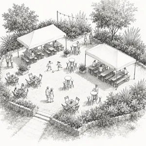 Pack 30 personnes - Tonnelles 3x345, Tables, Bancs, Mange-Debout, Tabourets, Bistro, Chaises