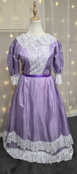Lilac & White Lace Dress with Purple Ribbon Waist Tie – Size 14-16