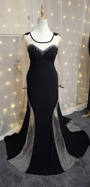 Black Sequin & Rhinestone Sheer-Sleeve Dress – Size 14-16