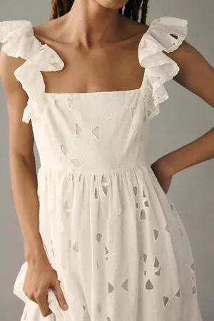 Anthropologie Forever That Girl White Tie-Back Ruffled Eyelet Midi Dress (size xl)