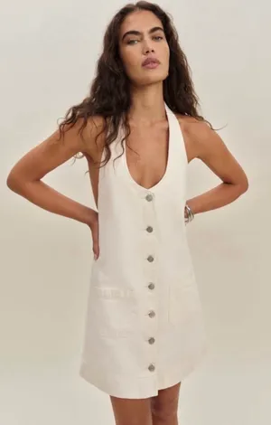 Reformation Cream Button-Front Denim Halter Mini Dress (size small)