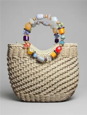 Vintage  Beaded Handle Woven Straw Handbag